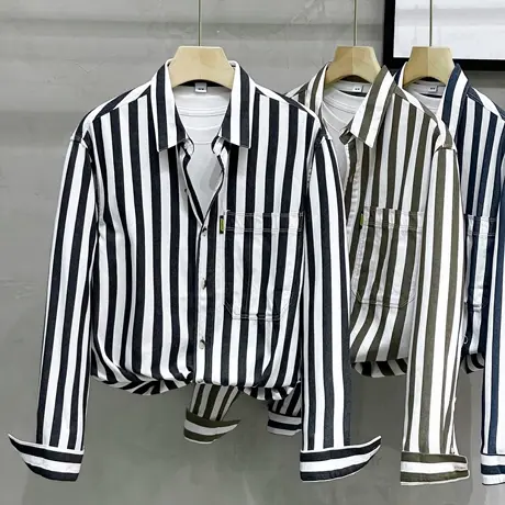 日系工装长袖条纹衬衫男高级感衬衣宽松休闲同情潮牌ins翻领外套商品大图