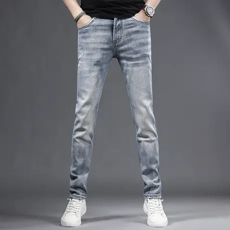 高端牛仔裤男款直筒修身2023新款夏季薄款浅蓝色弹力休闲男士裤子商品大图