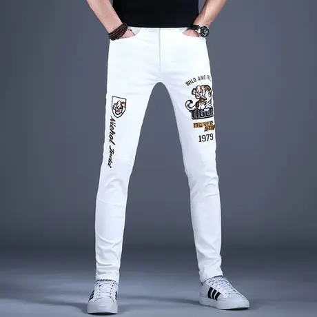 男士刺绣花白色牛仔裤男秋款男款修身小脚裤子男2023新款高端潮牌图片