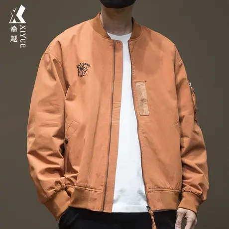 希越焦糖色棒球服外套男美式复古水洗宽松大码秋季飞行员休闲夹克图片