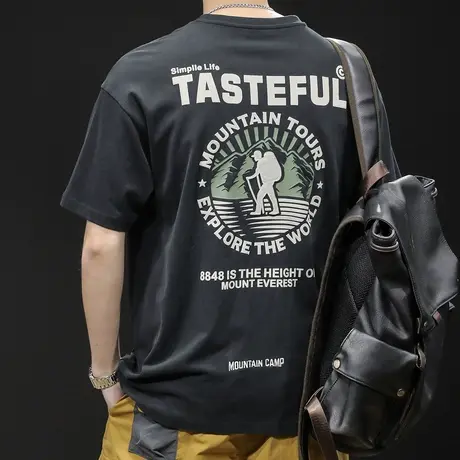 黑色印花短袖t恤男士夏季宽松潮牌大码2023新款男装纯棉体恤男款商品大图