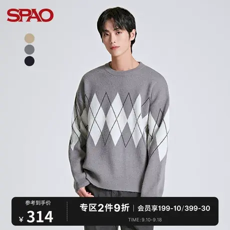 SPAO男士韩国同款秋冬新款菱形格圆领套头毛衣SPKWC4TC11商品大图