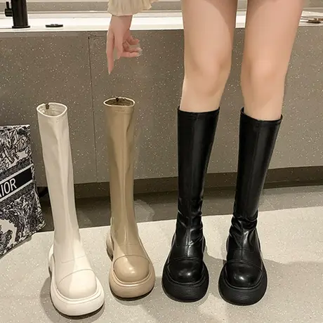 黑色厚底小个子长筒长靴女鞋2023年新款中筒高筒骑士春秋季单靴子商品大图