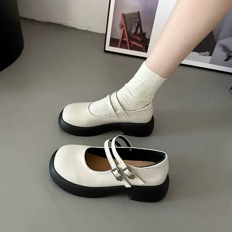 学院风粗跟单鞋女2023年春季新款配裙子小皮鞋猪腰子浅口玛丽珍鞋商品大图