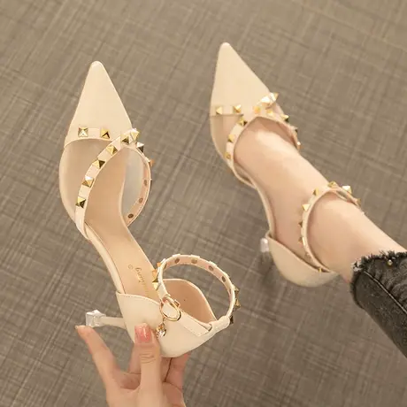 包头铆钉凉鞋女2021年新款夏季百搭网纱性感细跟中空一字带高跟鞋商品大图