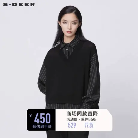 sdeer圣迪奥春秋装上衣女设计感小众假两件拼接长袖衬衫S21380504商品大图