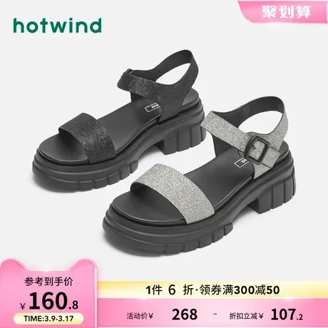 热风2023年夏季新款女士时尚凉鞋运动魔术贴纯色一字带厚底沙滩鞋商品大图