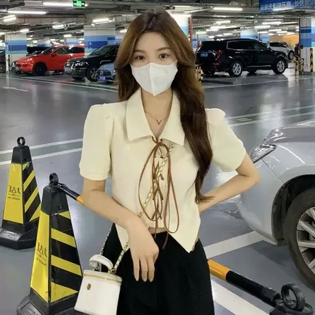 大码微胖mm甜辣polo领正肩t恤女装设计感夏季遮肚子上衣藏肉200斤商品大图