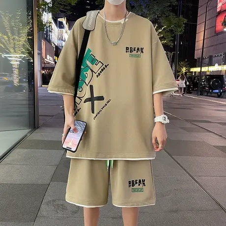 短袖短裤套装男夏季潮牌宽松假两件冰丝t恤男装一套搭配帅气衣服商品大图