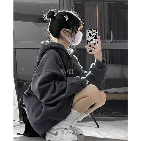 美式复古大码连帽卫衣女oversize情侣外套遮肚子上衣胖mm2-300斤商品大图