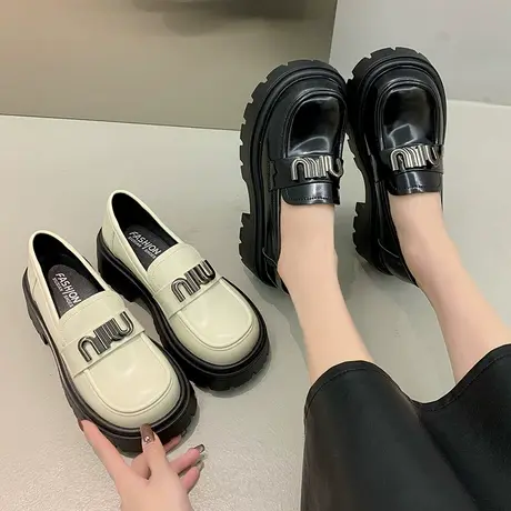 乐福鞋女2024年春季新款通勤厚底增高单鞋粗跟超火爆款英伦小皮鞋图片