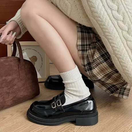 小皮鞋女2024春季新款厚底单鞋复古英伦风懒人一脚蹬乐福鞋女鞋子商品大图