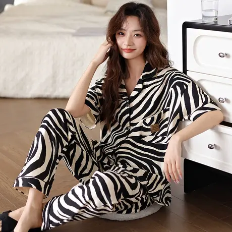 婷美新款睡衣女士纯棉夏天薄款短袖长裤学生夏季可外穿家居服套装商品大图
