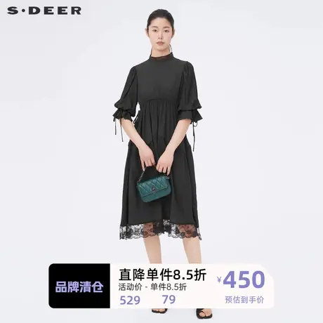 sdeer圣迪奥女装圆领收腰蕾丝拼接肌理中袖连衣裙S22281263图片