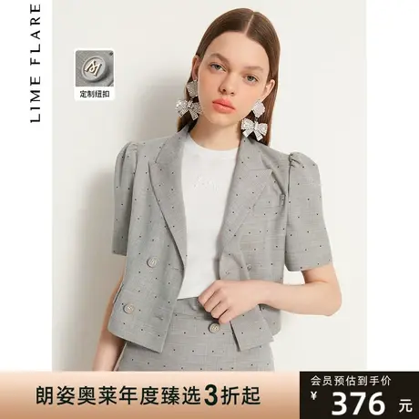 莱茵短款泡泡袖西装外套双排扣英伦复古波点短外套夏季新款女商品大图