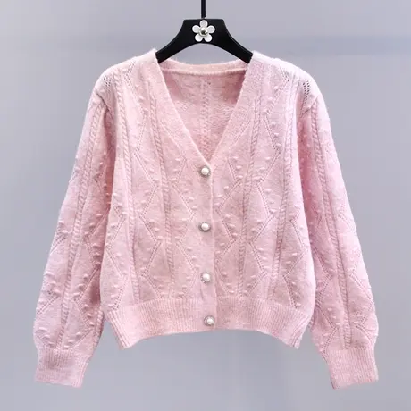 小清新甜美V领毛衣外套女秋冬2023新款高级感慵懒风短款针织开衫商品大图