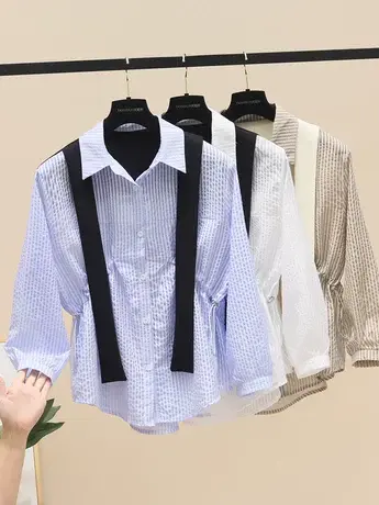 条纹衬衫女设计感小众欧货叠穿披肩2023春秋季新款宽松显瘦上衣潮商品大图