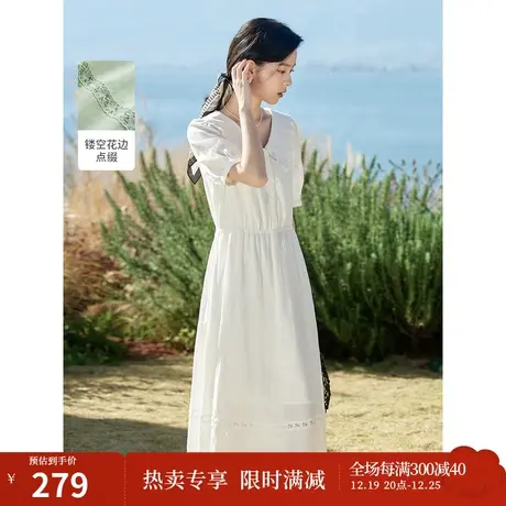 茵曼2023夏女装新款时尚减龄娃娃领绣花泡泡袖收腰显瘦A字连衣裙图片