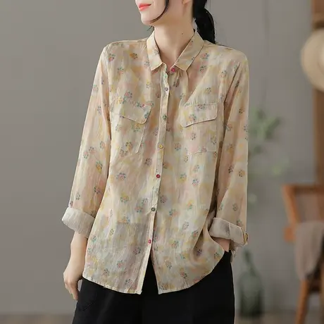 dza 复古薄款苎麻上衣女士秋季长袖衬衫新款漂亮气质宽松棉麻衬衣商品大图