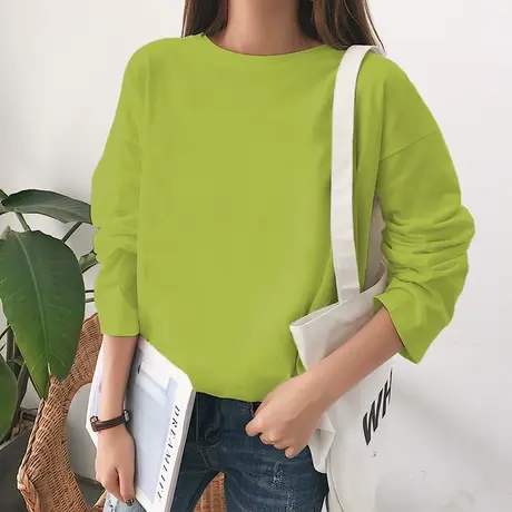 网红T恤女ins超火纯色春秋宽松中长款夏季2023新款长袖糖果色上衣商品大图