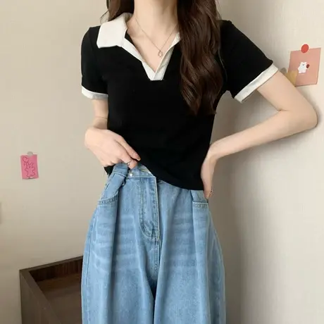 V领短袖正肩t恤女夏季2023新款polo衫上衣甜辣妹设计感小众ins潮图片