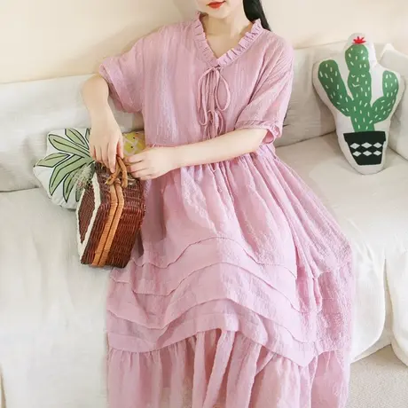 胖妹妹夏季2023新品短袖连衣裙 加大码微胖木耳V领长裙【送吊带】商品大图