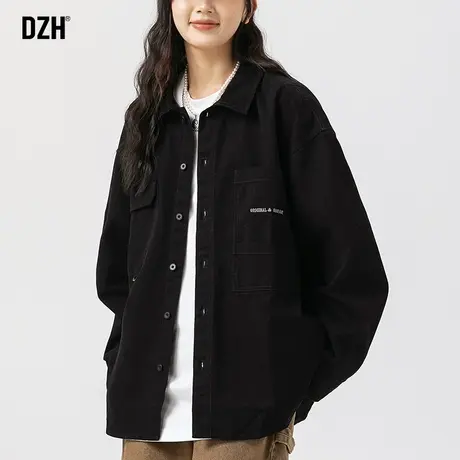 情侣黑色衬衫男翻领长袖上衣潮牌宽松男装2023新款高级感休闲外套商品大图