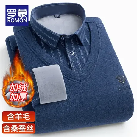 罗蒙毛衣男款冬季加绒加厚假两件衬衫爸爸中年针织男士打底衫上衣图片