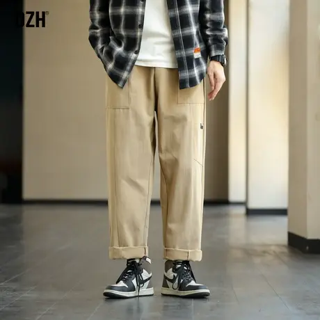 DZH男士卡其色直筒宽松休闲裤男潮牌秋季美式工装裤男裤2023新款商品大图