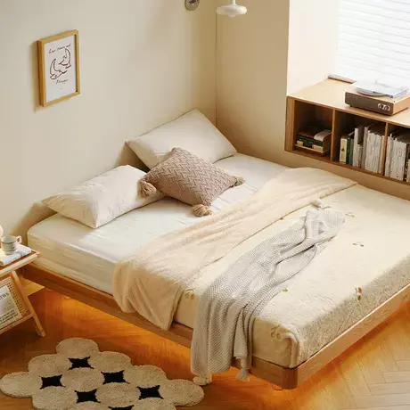 全友家居2024新款原木风悬浮实木床卧室家用无床头床榻榻米床架商品大图