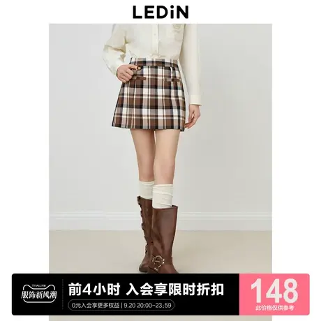 乐町学院风半身裙2023年秋季新品咖色格纹短裙女装简约时尚方块裙图片