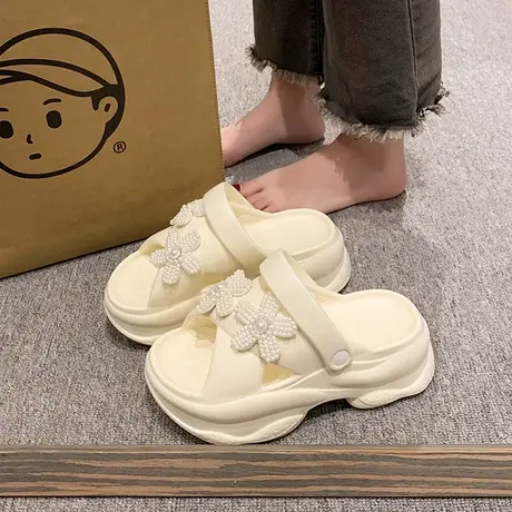 凉鞋女夏季新款外穿时尚花朵珍珠松糕厚底增高防滑沙滩两穿凉拖鞋图片