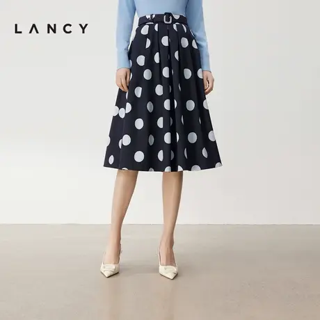 LANCY/朗姿2024夏季新款真丝气质波点半身裙复古高腰压褶a字裙女图片