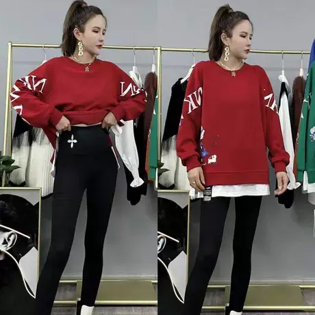 假两件时尚印花卫衣女2023秋冬新款韩版宽松中长款圆领上衣打底衫商品大图