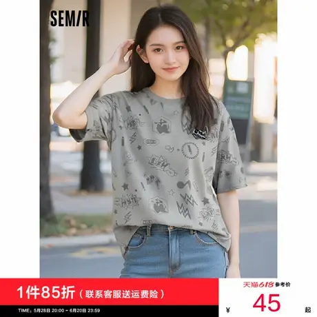 [罗小黑联名]森马短袖T恤女小个子2024夏季新款宽松纯棉满印上衣图片