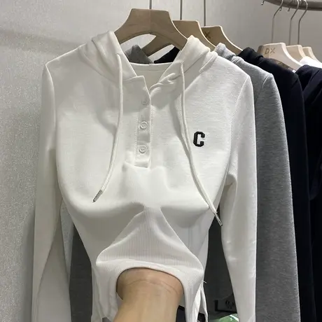 字母C刺绣卫衣女春秋帽衫2023薄新款洋气休闲连帽打底长袖T恤上衣商品大图