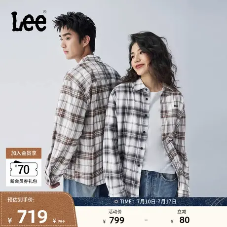 Lee25秋冬新品舒适版翻领黑棕拼色格纹设计男女同款长袖衬衫潮流图片