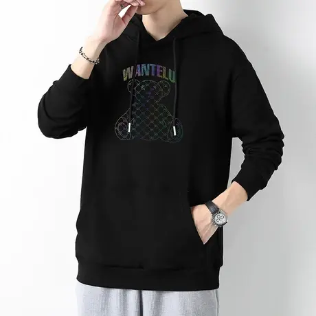 黑色卫衣男连帽外套2023新款秋冬加绒宽松小熊带帽衫长袖潮流百搭商品大图