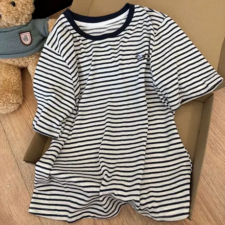 小众设计感圆领撞色条纹短袖T恤女夏季韩版宽松刺绣半袖上衣潮牌商品大图