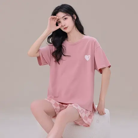 秋鹿【售完不补】睡衣女夏季粉清仓特价家居服可外穿纯棉短袖短裤商品大图