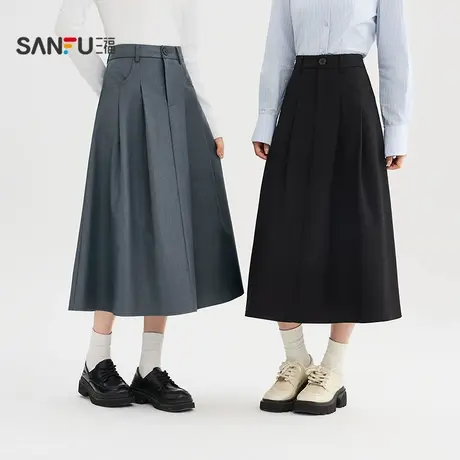 三福长裙2025秋季收褶设计口袋散摆伞裙半身裙女装505933图片