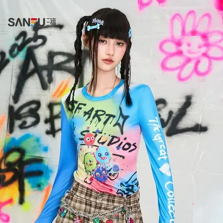 三福长T恤2025秋季英文印花撞色涂鸦圆领时尚上衣女装508124商品大图