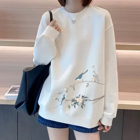 中国风白色圆领卫衣女2025秋冬款宽松oversize加绒加厚外套上衣潮商品大图