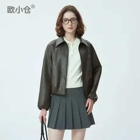 欧小仓 油蜡感可露丽穿搭气球夹克 boxyfit翻领廓形PU短外套图片