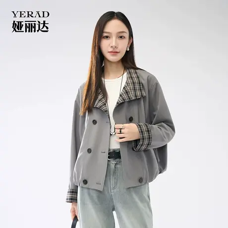 娅丽达女装短款风衣宽松秋季外套女2025年新款气质设计感撞色上衣商品大图