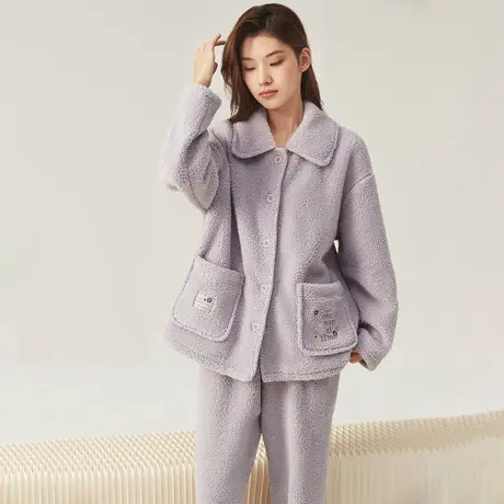 顶瓜瓜家居服女冬季款顶呱呱米粒绒女士开襟长袖加厚家居服套装商品大图