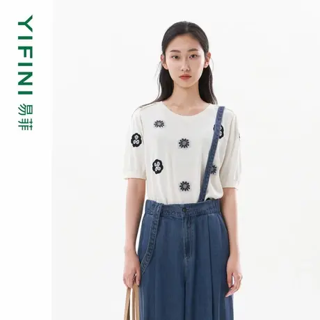 [专柜同款]Yifini/易菲立体提花几何花朵高捻棉宽松短款针织毛衫商品大图