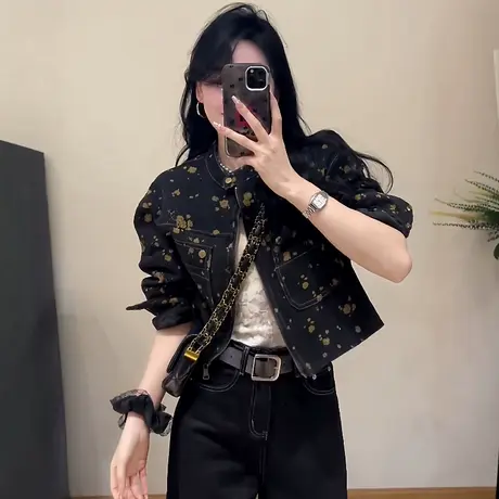 复古花色印花牛仔外套女2025春秋新款设计感小众短款气质休闲夹克商品大图