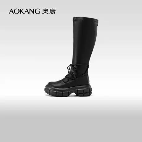 奥康女鞋 冬季新款时尚轮胎底绑带瘦瘦靴简约时装靴长筒靴商品大图