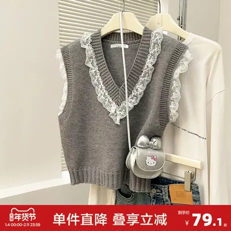 唐狮秋冬季花边设计V领套头马甲女春秋外穿高级感百搭气质上衣图片